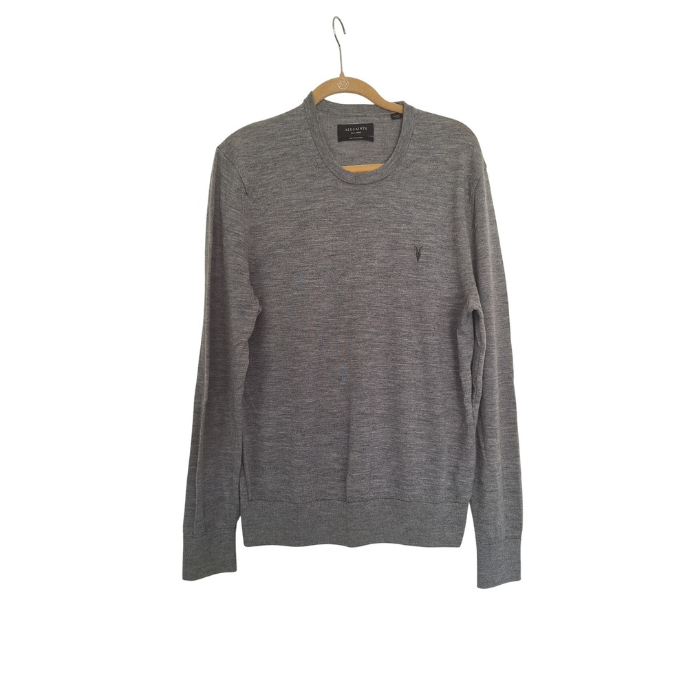 AllSaints Mode Merino Crew Sweater Grey Marl Ramskull Wool‎ Mens XXL MK129D